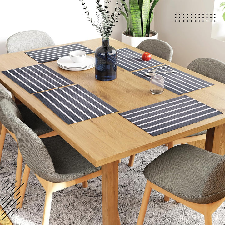 Encasa XO Platzsets Esstisch Set von 6 | Roma graue Streifen | Fein gerippte Baumwoll-Tischunterlage