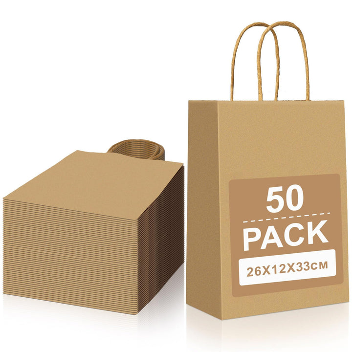 Gucass 50 Stück Gross Papiertüten mit Henkel, Braun Kraft Papiertaschen Geschenktüten, 26x12x33cm Pa