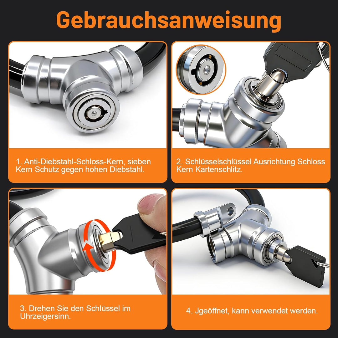 E-Scooter Schloss 120cm Lang/464g Leicht – Doppel-Handschellenschloss mit 2 Schlüsseln – 12mm Extra