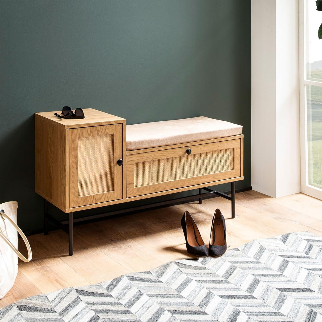 Wohnling Schuhbank mit Sitzfläche 100x60x38 cm Garderobenbank Eiche-Dekor, Sitzbank Rattan Klein Gep