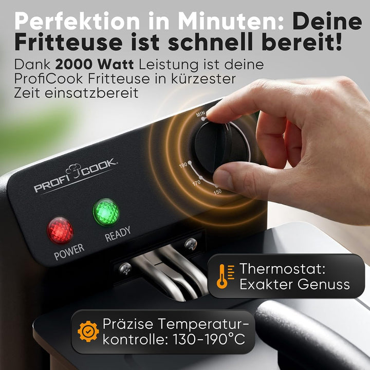 ProfiCook® Friteuse mit Fett | 130-190°C | Fritteuse mit Öl | 2000W | 3L | spülmaschinengeeignete Te