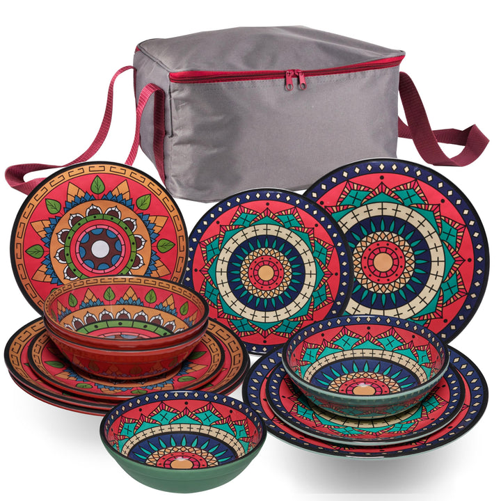 Melamin Geschirr Set Toskana Deep für 4 Personen - Rot-Grün - Mandala-Optik Spülmaschinengeeignet Es