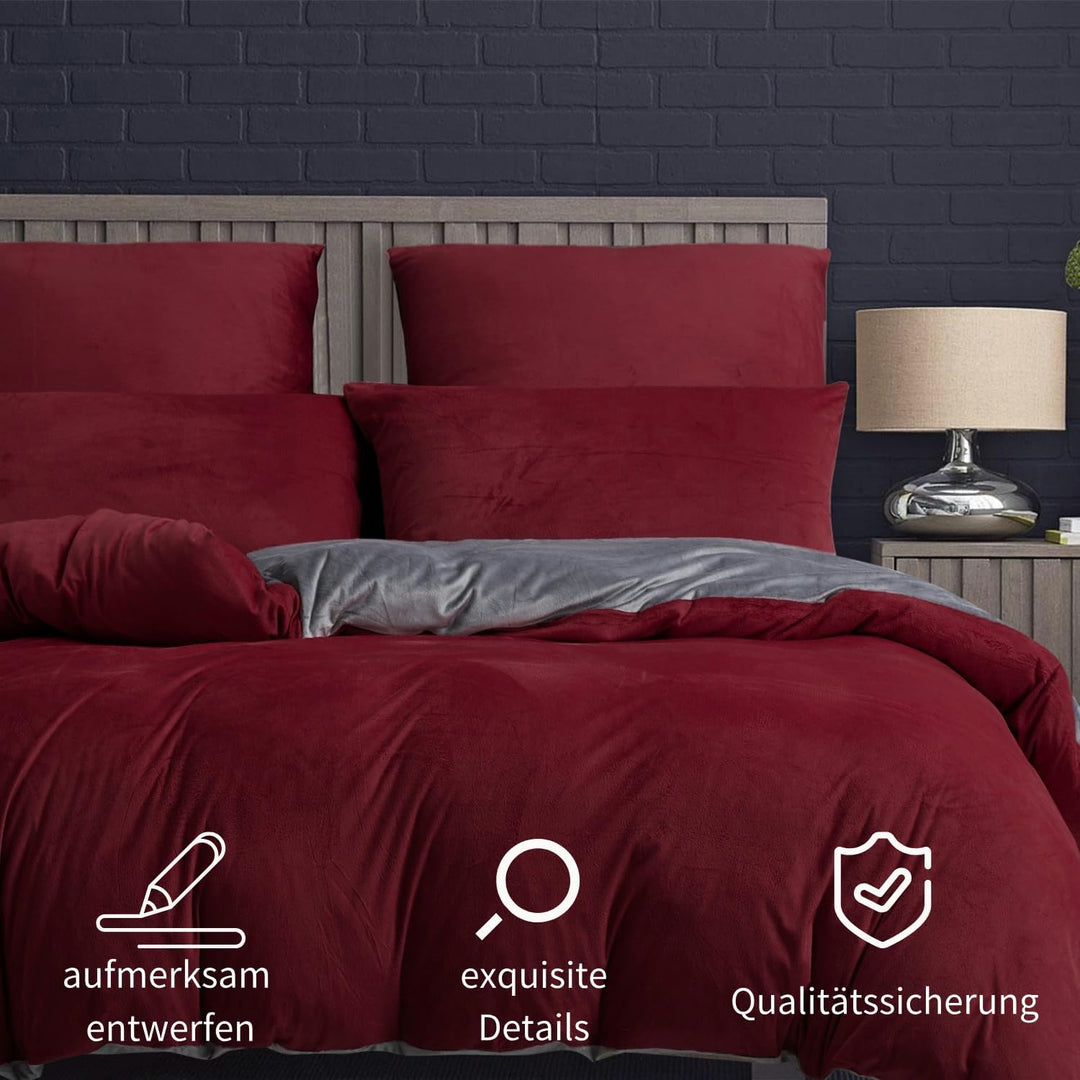 Boqingzhu Biber Bettwäsche 155×220cm Plüsch Rot Weinrot Grau Flanell Winter Warm Kuschelig Flauschig