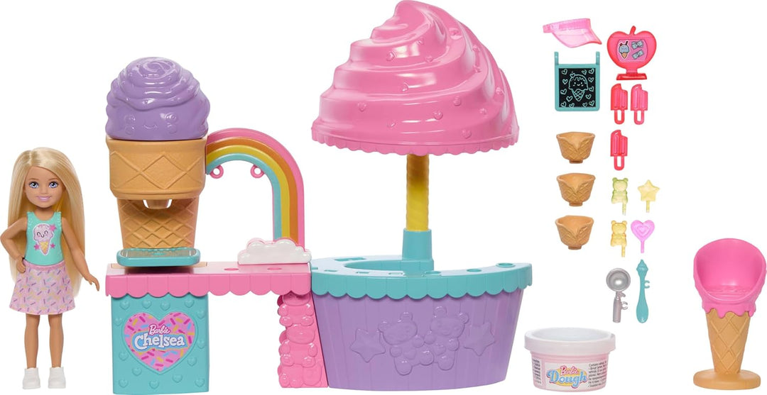 Barbie Chelsea Eisstand-Spielset mit Chelsea-Puppe, „Eismasse“ in 2 Farben und Zubehör, JMJ42