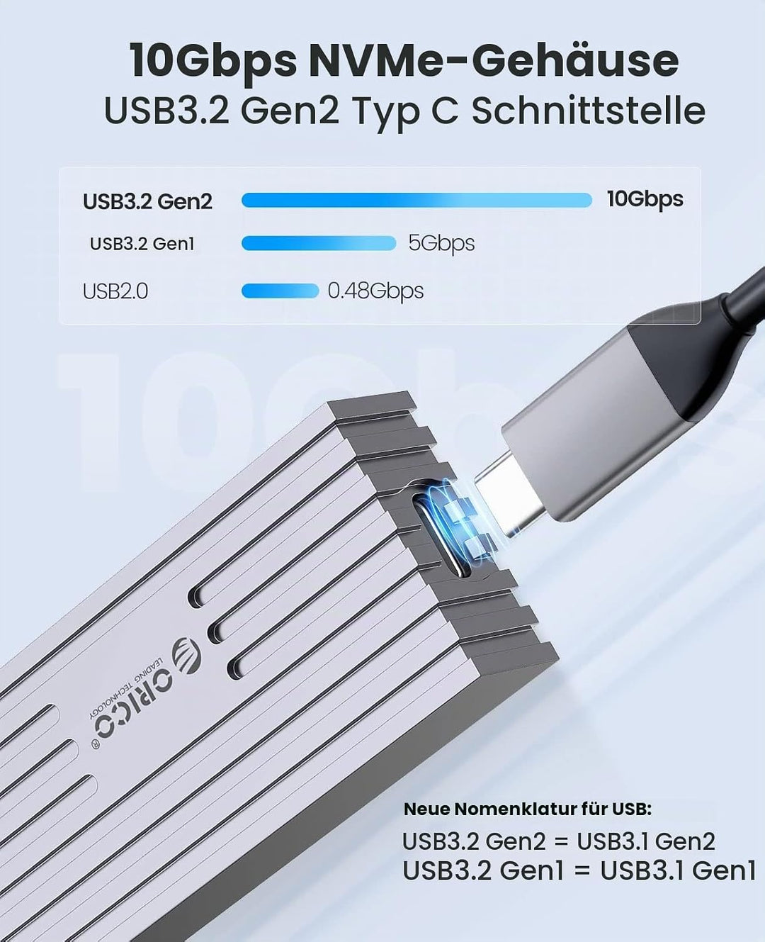 ORICO M.2 NVMe SSD Gehäuse auf USB-C PCIe Adapter 10 Gbps USB3.2 Gen2 für NVMe M-Key/M+B Key SSD 223