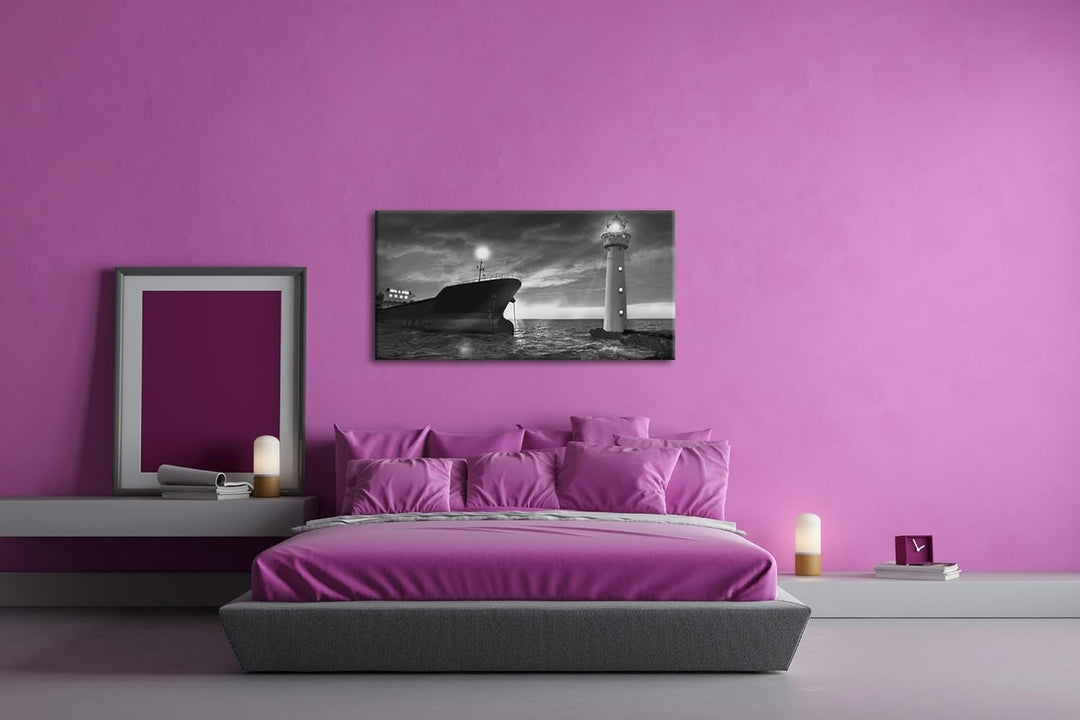 deyoli Orangener Himmel am Hafen Panorama 60x30 cm Effekt: Schwarz/Weiss als Leinwandbild, Motiv fer