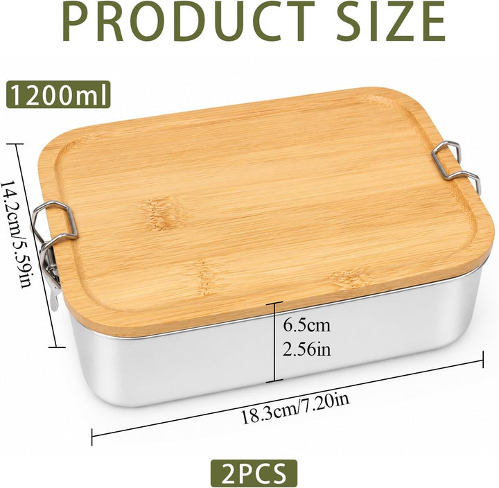 2 Stück Brotdose Edelstahl mit Fächern und Bambusdeckel,1200ml