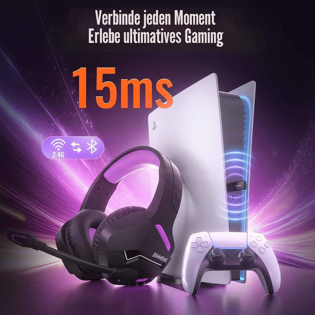 BINNUNE Gaming Headset, Wireless Headset für PS4 PS5 PC PlayStation 4 5, Gaming Kopfhörer mit Mikrof