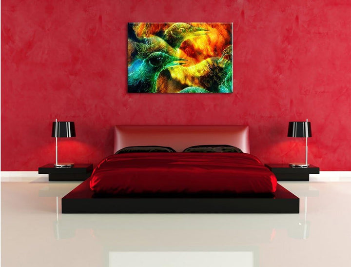 Vogel Phönix Collage, Format: 100x70 auf Leinwand, XXL riesige Bilder fertig gerahmt mit Keilrahmen,