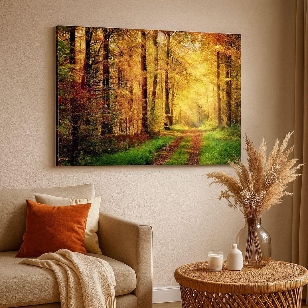Bilder auf Leinwand 100x70cm Leinwandbild mit Rahmen Wald Baum Natur Gross Wanddeko Bild Schlafzimme