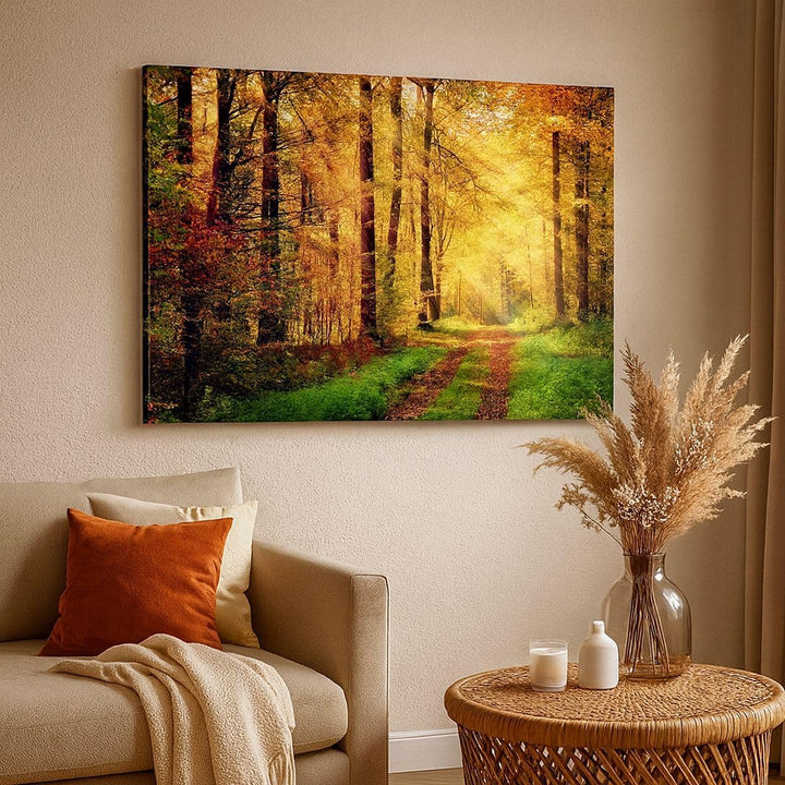 Bilder auf Leinwand 100x70cm Leinwandbild mit Rahmen Wald Baum Natur Gross Wanddeko Bild Schlafzimme