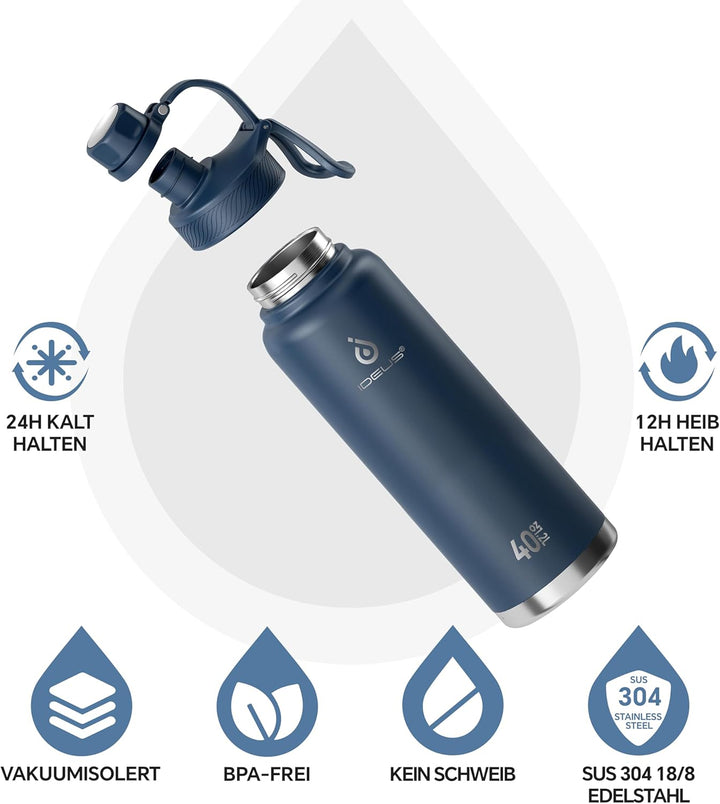 IDEUS Vakuumisolierte Wasserflasche, 40oz (1140 ml) Edelstahl Doppelwand Flasche Metall Sport Kantin