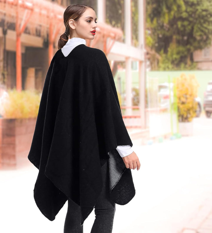 Shmily Girl - Damen Poncho Habe Gestrickt Überdimensionalen Decke Kap-Schal Schwarz & Grau, Schwarz