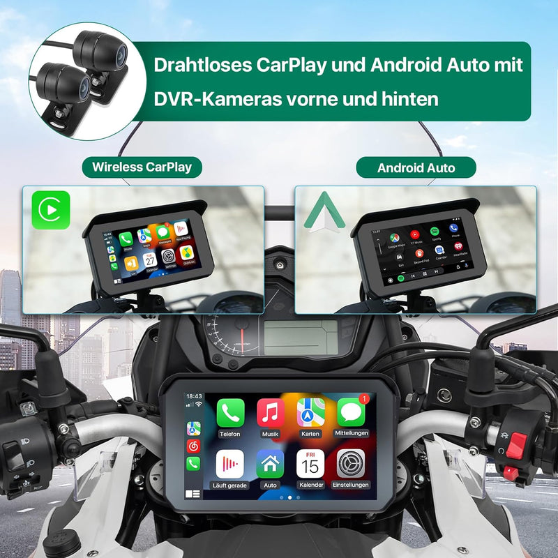 Motorrad DVR Wireless Apple Carplay, Android Auto, TPMS, Dual AHD 1080P Front/Rückfahrkameras, GPS,