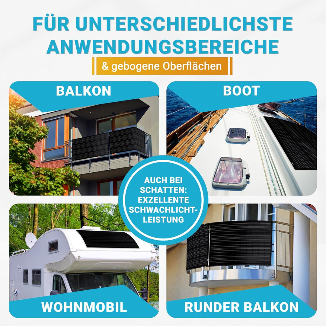 doitBau flexibles Solarmodul 200 W Full-Black mit Rückbox – ultradünn 2 mm, 1,9 kg – 1352 × 770 mm f