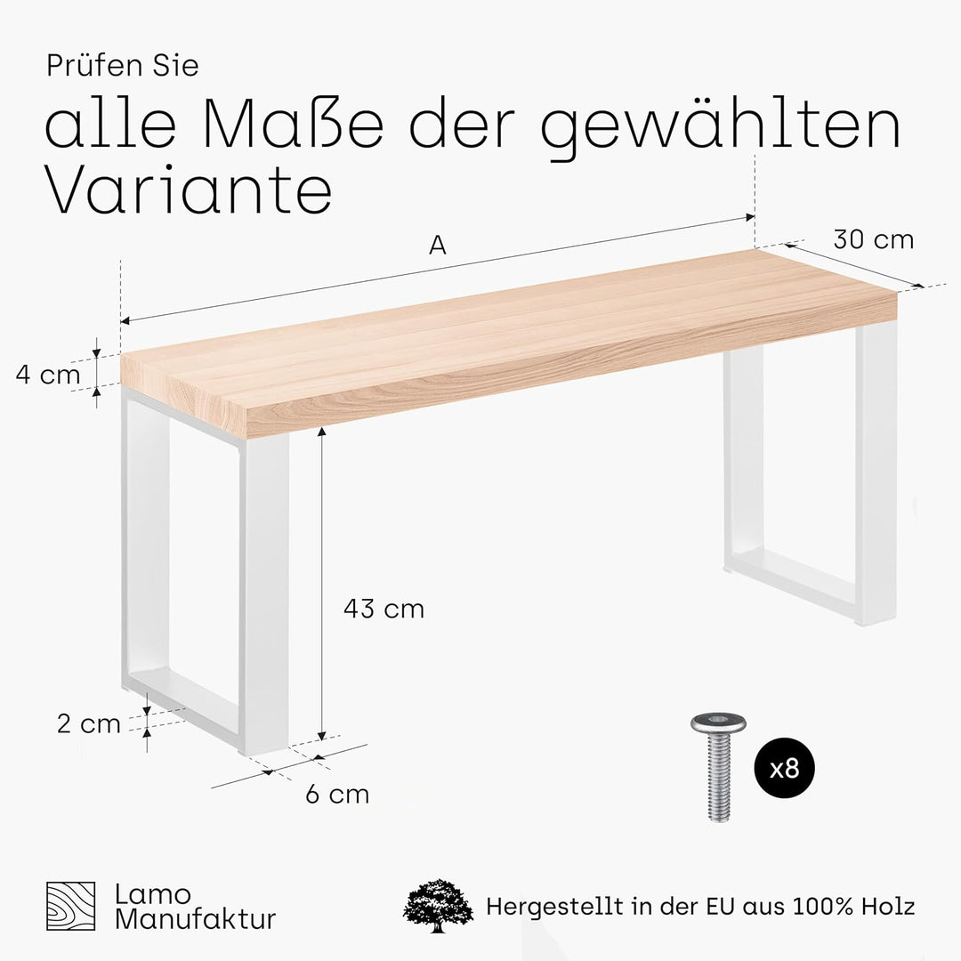 LAMO Manufaktur Sitzbank Esszimmer Holzbank 30x140x47 cm, Möbelfüsse Simple Weiss/Roh, LSB-01-A-001-