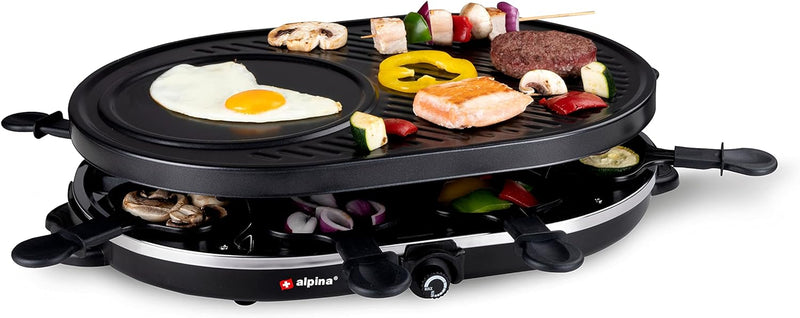 alpina Raclette-Grill - Elektrische Tischgrill - mit Pfannen und Spachteln - 1200 Watt - 8 Personen