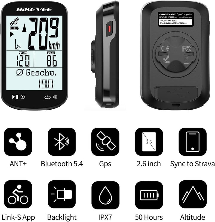 GPS Fahrradcomputer Kabellos ANT+ Bluetooth 2.6'' Glasdisplay 50H Akku Schwarz-AB【Doppelhalterung】,
