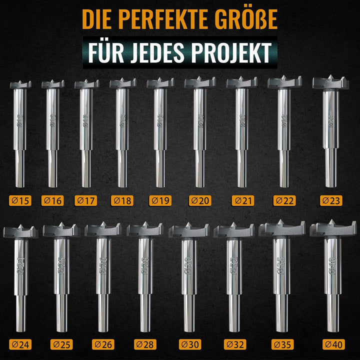 Hinrichs Forstnerbohrer Set 17 teilig im Koffer - Forsterbohrerset 15 bis 40 mm - Holzbohrer - Forst
