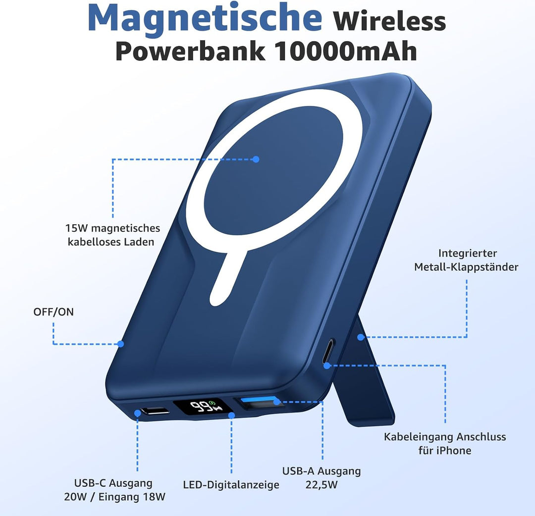 Magnetische Wireless Powerbank 10000mAh, Kompatibel mit MagSafe, Tragbare 15W Kabelloses Schnelllade