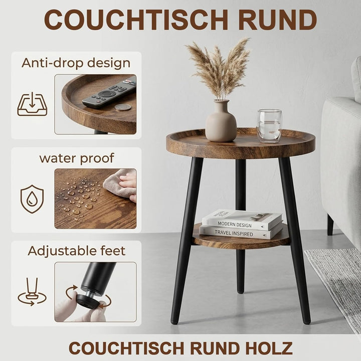 Beistelltisch Rund Holz | Runder Beistelltische Wohnzimmer | Couchtisch Klein mit Unterem Ablage | S