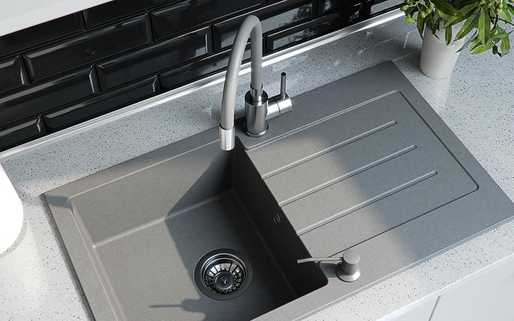 QUADRON Spülbecken Spüle Küche Granit | Grösse 77 x 44 x 18,5 cm, Beige & Stahl | JOHNNY 111 Granits