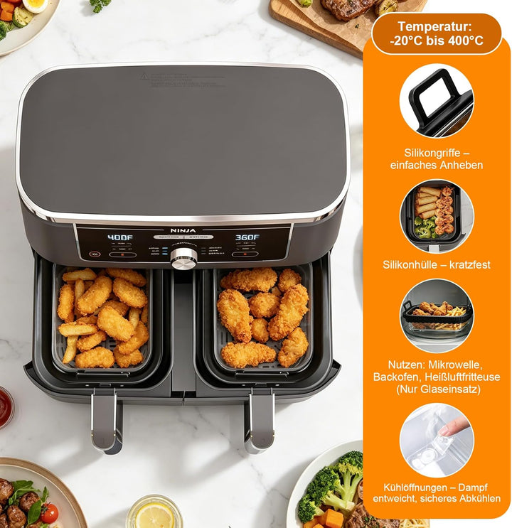 2 Stück Auflaufform Airfryer für Ninja & Cosori 2 Kammern Glasform mit Deckel & Abnehmbaren Griffen