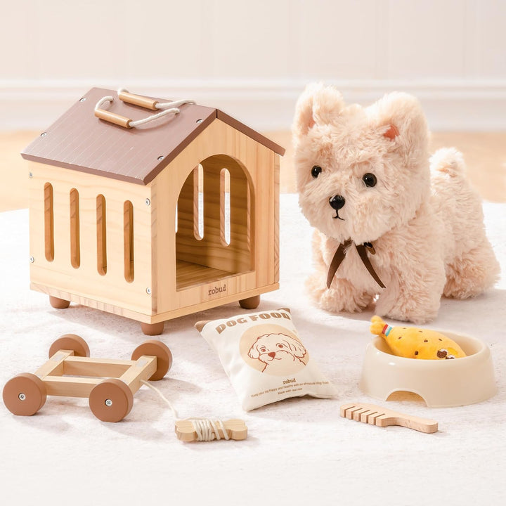 ROBUD Hund Spielzeug Kinder, 2-in-1 Nachziehtiere Spielzeug & Tierpflege Rollenspielset mit Holz Hun