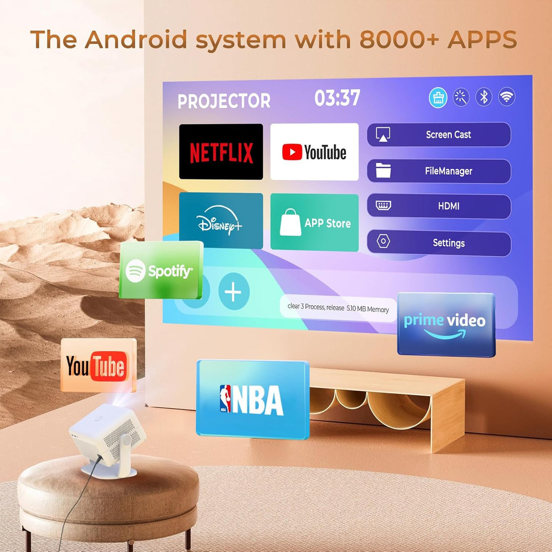 Smart Beamer Integrierte Apps 12000 Lumens Native 1080P 4K kompatibel, Autofokus Keystone Mini Proje
