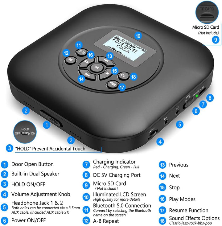 Tragbarer CD Player Bluetooth mit Lautsprechern, wiederaufladbarer 1800mAh CD-Player tragbar mit Sto