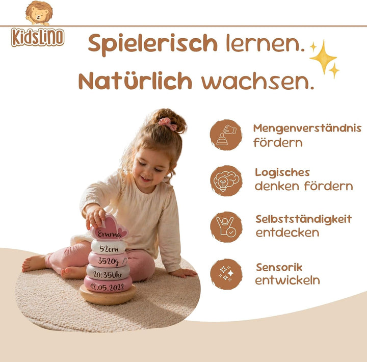 Personalisierbarer Holz-Stapelturm Rosa – fördert Feinmotorik & Koordination – für Kinder ab 12 Mona