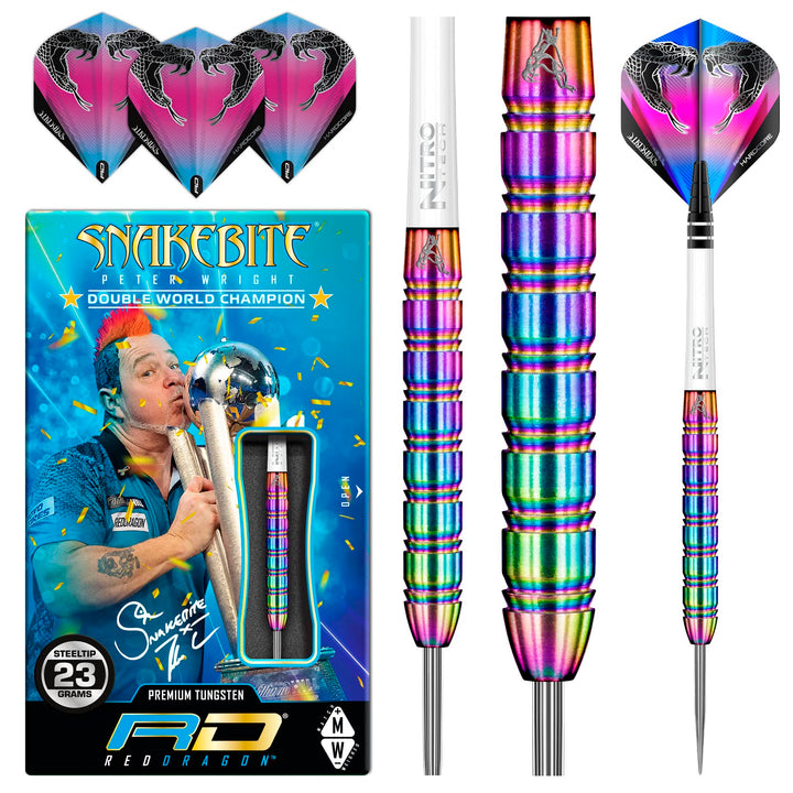RED DRAGON Peter Wright Snakebite 1 Professional Darts Wolfram Dartset mit Flüge und Shafts 23G 1, 2
