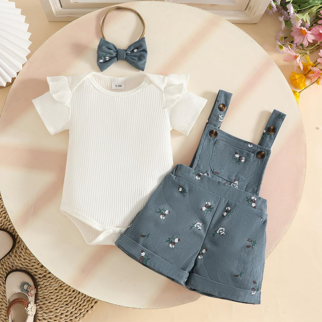 Kleinkind Baby Mädchen Sommerkleidung Rippstrick-Tops Trägerhosen mit Blumenmuster und Stirnband 18-