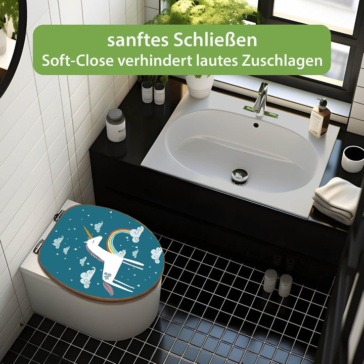 banjado® Design WC Sitz Bambus Absenkautomatik mit Motiv Einhorn/Toilettendeckel mit Absenkautomatik