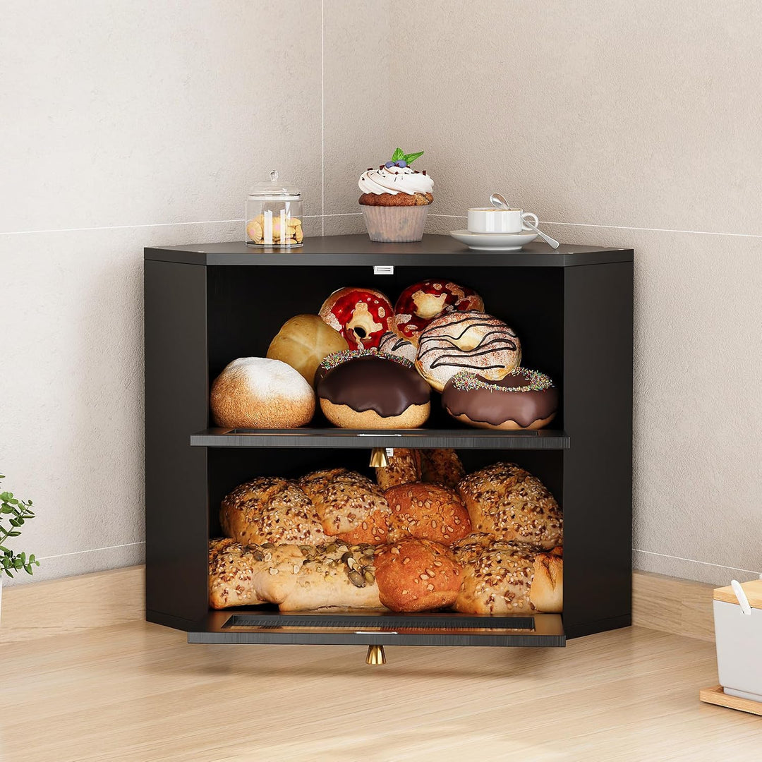 VEDECASA Bambus Brotkasten für Küche 2-Etagen Eck-brotkasten mit transparenter Acryl-Tür lebensmitte