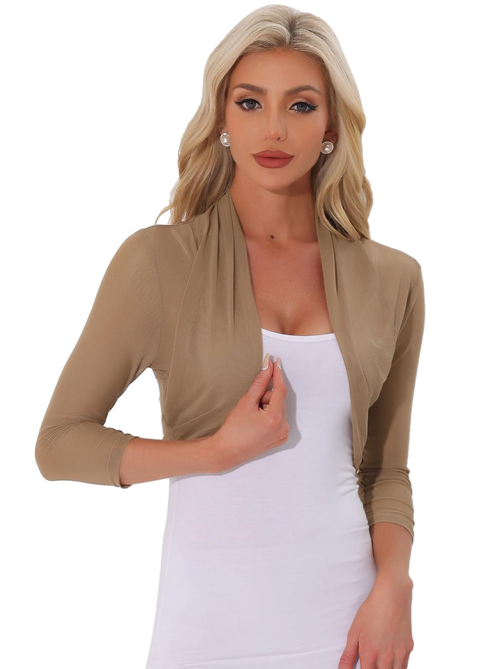 Allegra K Damen Bolero Festlich 3/4 Ärmel Rüschen Mesh Durchsichtig Crop Strickjacke Shrug Boleros S