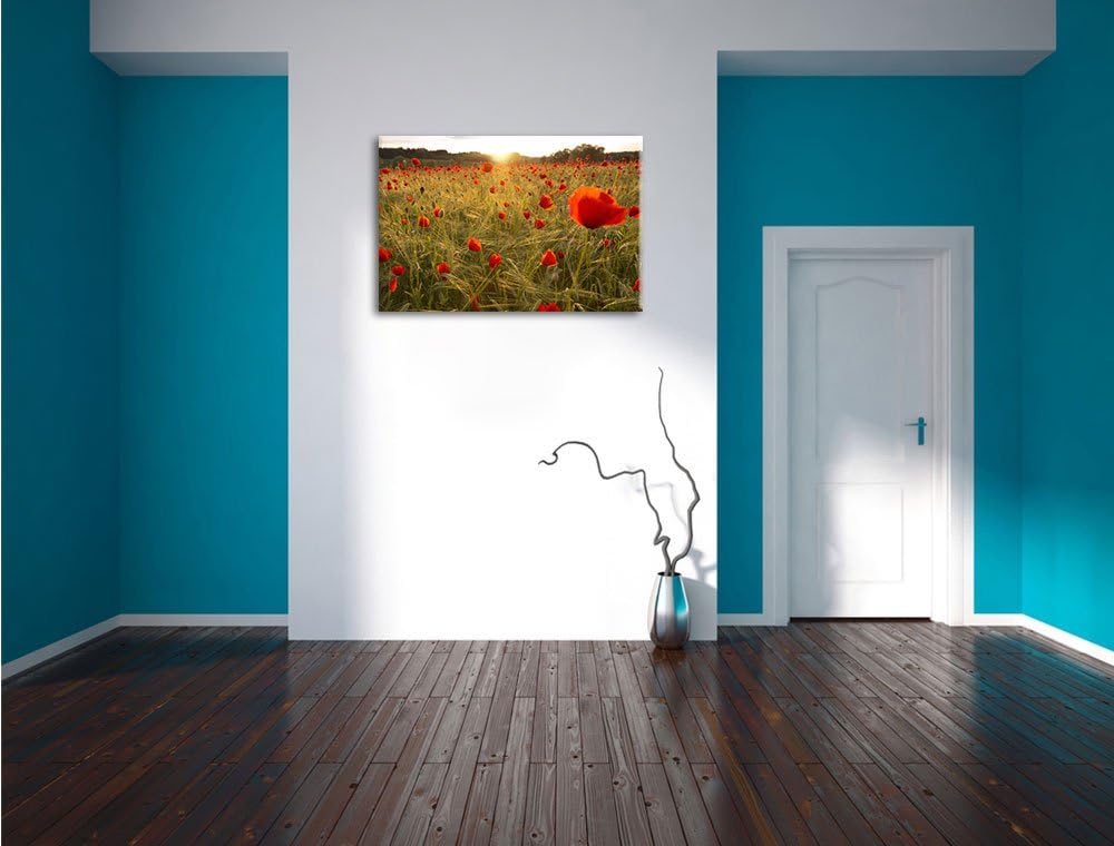 Pixxprint Traumhaftes Mohnfeld bei Sonnenuntergang, Format: 100x70 auf Leinwand, riesige Bilder fert