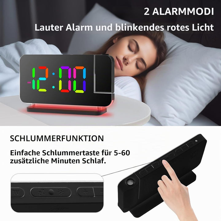 Cuteefun Projektionswecker, Wecker mit Projektion, Projektionsuhr mit Dualem USB C/A Ladeanschluss,