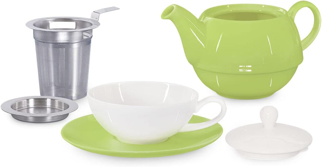 Tea for One mit Sieb Lena 500ml aus Crystal Bone China Porzellan in grün. Teekanne + Teetasse + Unte