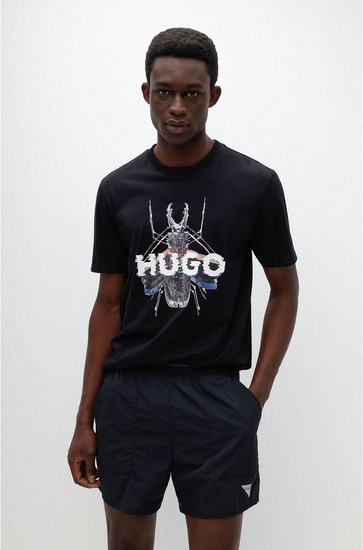 HUGO Herren Dugy T-Shirt aus Baumwoll-Jersey mit Cyber-Bug- und Logo-Artwork Schwarz L