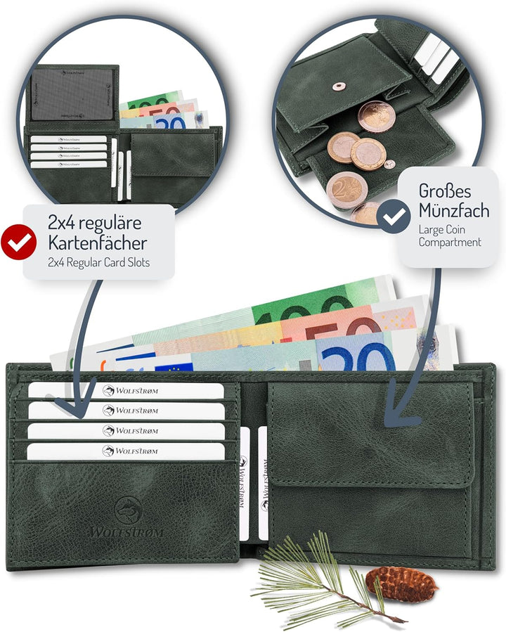 Wolfstrøm Geldbörse Herren Leder 'Nørge XL' – Tri-Fold Herren-Portemonnaie RFID-Blocker – 8 Karten-F