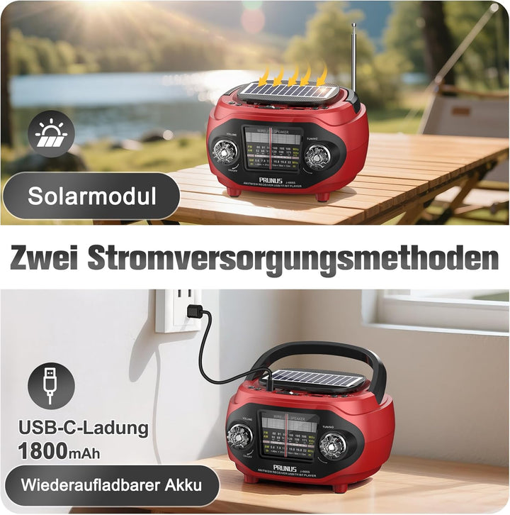 PRUNUS J-666 FM/AM/SW Retro Radio mit Bluetooth, Tragbares Radio mit 1800mAh Akku, Solar/USB-C Aufla