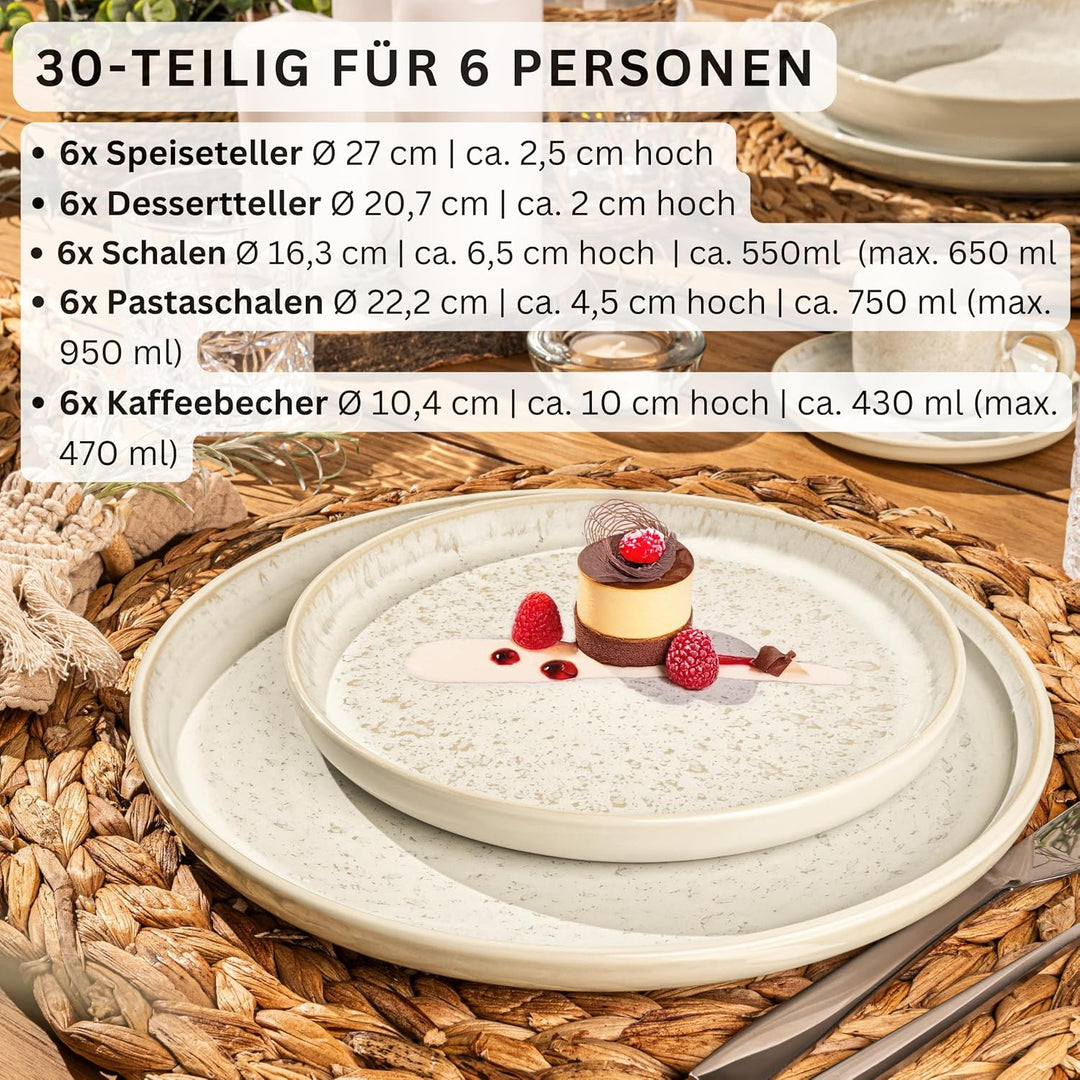 SÄNGER Key West | Steingut Geschirr Set 30 tlg, Teller Set 6 Personen, 6x Speise- Dessertteller, Müs