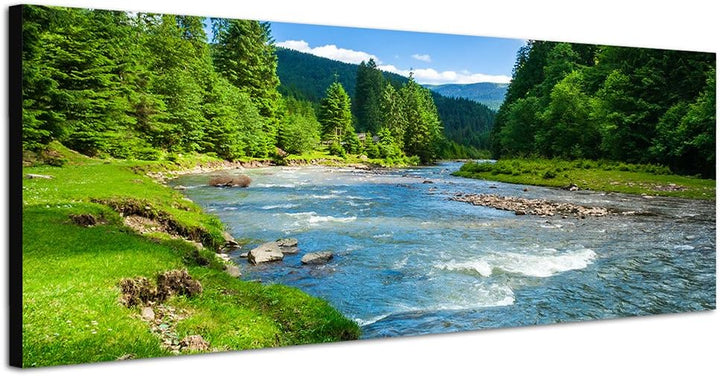 Paul Sinus Art Panoramabild auf Leinwand und Keilrahmen 150x50cm Landschaft Wald Wiese Fluss Himmel