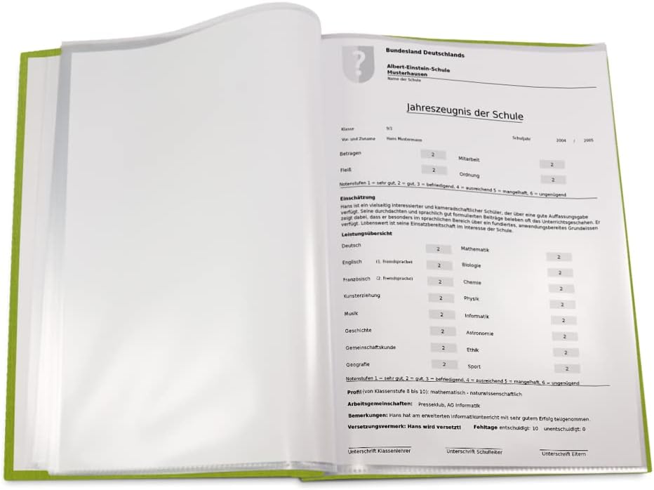Zeugnismappe im grünen Einband in Leinenoptik mit hochwertigem Prägedruck in verschiedenen Farben –