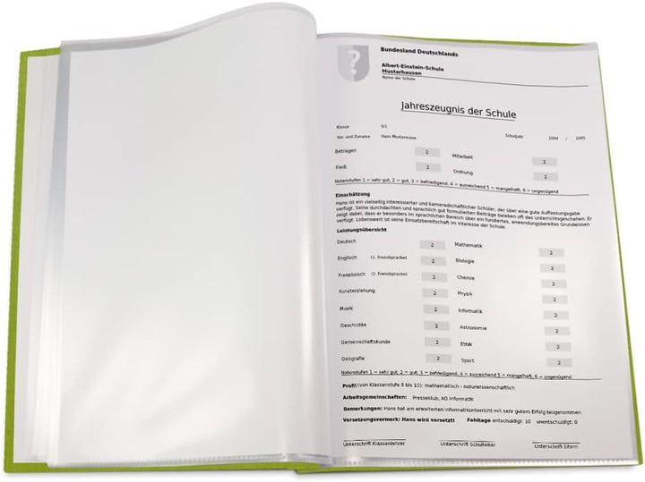 Zeugnismappe im grünen Einband in Leinenoptik mit hochwertigem Prägedruck in verschiedenen Farben –