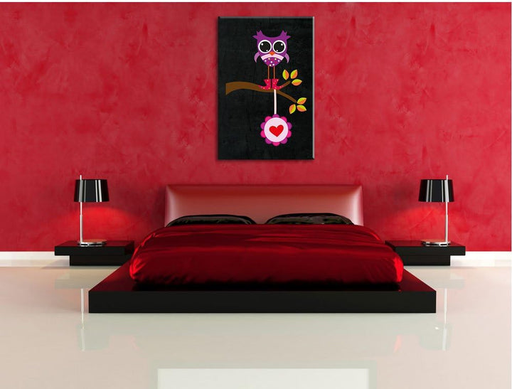 Pixxprint Süsse Eule auf AST mit Anhänger als Leinwandbild/Grösse: 100x70 cm/Wandbild/Kunstdruck/fer