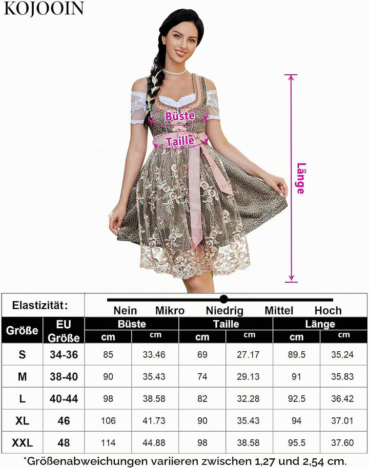 KOJOOIN Trachtenkleid Damen Dirndl Kurz Midi 3tlg. für Oktoberfest-DREI Teilig: Kleid, Bluse, Schürz