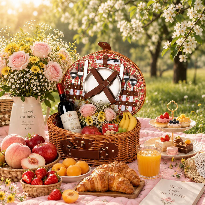 Picknickkorb-Set für 2 mit Kühlfach, Weinbeutel und Besteck Rose 40×28×17cm, Rose 40×28×17cm