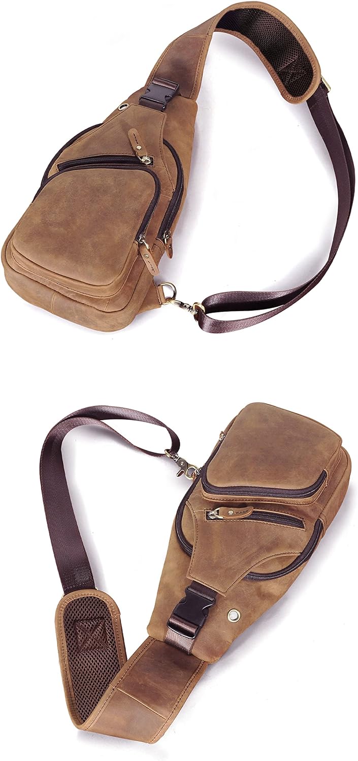 Le'aokuu Herren Echtes Leder Brusttasche Umhängetasche Sport Outdoor Messenger Bag Wanderrucksäcke（8